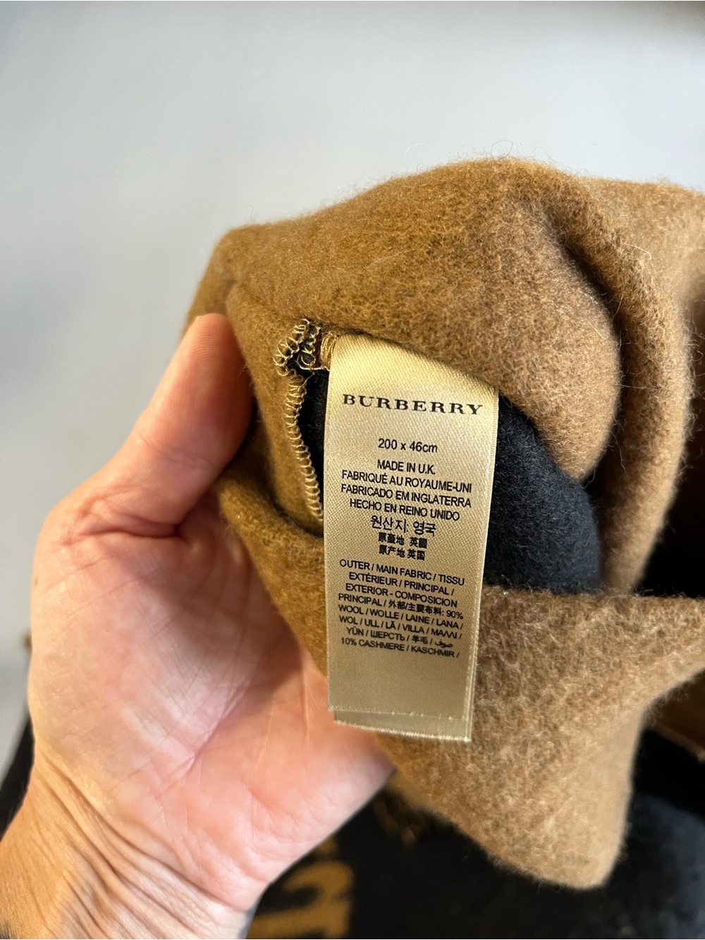 Burberry Wool Cashmere Camel and Black Hooded Logo Shawl - Picture 4 of 4